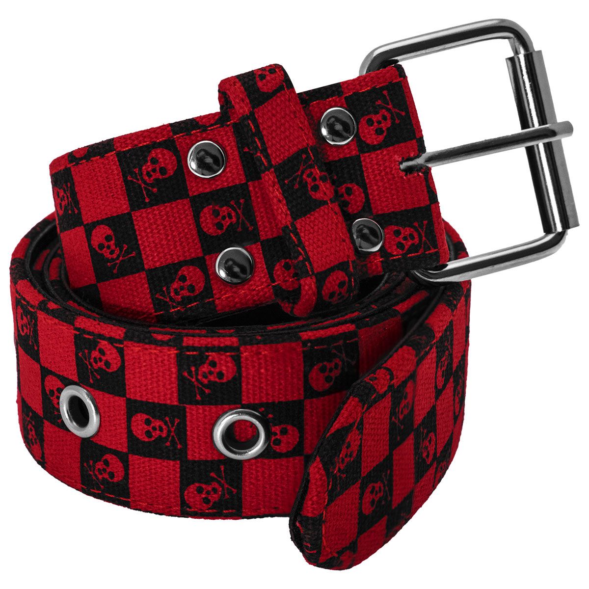 Ceinture Tissu DIVERS Damier Tetes de Mort Rouge Noir Rock A Gogo